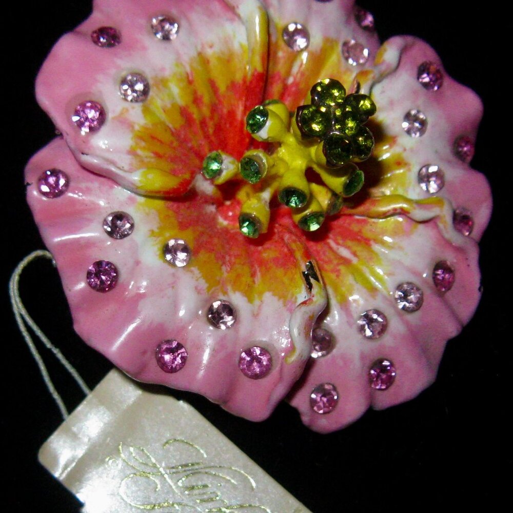 New Kirks Folly Multicolor Lacquered Hibiscus Brooch w/Jeweled Accents